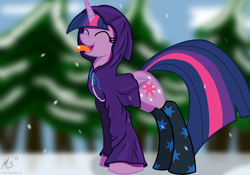 Size: 1000x701 | Tagged: safe, artist:ciscoql, derpibooru import, twilight sparkle, twilight sparkle (alicorn), alicorn, pony, clothes, cute, female, hoodie, mare, snow, snowfall, socks, solo, tongue out, twiabetes