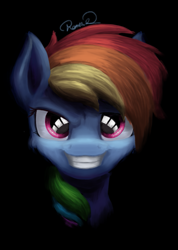 Size: 661x927 | Tagged: safe, artist:ravistdash, derpibooru exclusive, derpibooru import, rainbow dash, pegasus, pony, black background, bust, colored, cool, female, grin, looking at you, portrait, simple background, smiling, solo