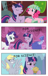 Size: 1792x2807 | Tagged: safe, artist:saphin, derpy hooves, pinkie pie, rarity, twilight sparkle, pegasus, pony, unicorn, feeling pinkie keen, angry, carousel boutique, clothes, comic, comic sans, dress, female, for science, golden oaks library, imminent murder, mare, muffin, this will end in tears and/or death