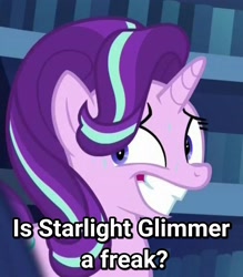 Size: 1575x1802 | Tagged: safe, edit, edited screencap, screencap, starlight glimmer, unicorn, the crystalling, are equestrian ponies equine?, cropped, faic, freak, image macro, meme, meme origin, nervous, question, sweat, text, xenos