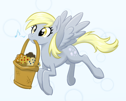 Size: 780x630 | Tagged: safe, artist:ta-na, derpy hooves, pegasus, pony, basket, female, flying, mare, mouth hold, muffin, solo