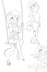 Size: 900x1382 | Tagged: safe, artist:tsitra360, angel bunny, fluttershy, anthro, plantigrade anthro, feet, lineart, monochrome, swing