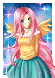 Size: 800x1128 | Tagged: safe, artist:yenni-vu, fluttershy, human, humanized, light skin, pixiv, solo, tailed humanization, winged humanization