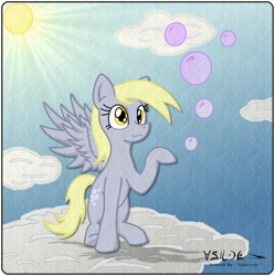 Size: 2125x2136 | Tagged: safe, artist:valorcrow, derpy hooves, pegasus, pony, bubble, cloud, cloudy, female, mare, sky, solo, sun