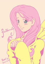 Size: 2480x3508 | Tagged: safe, artist:634r, fluttershy, human, clothes, humanized, light skin, pixiv, solo, sweater, sweatershy, winged humanization