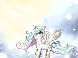 Size: 1381x1024 | Tagged: safe, artist:captain--meow, princess celestia, alicorn, pony, :o, blushing, looking at you, raised hoof, solo, spread wings