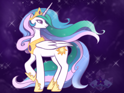 Size: 800x600 | Tagged: safe, artist:floofurr, princess celestia, alicorn, pony, abstract background, female, looking back, mare, raised hoof, solo