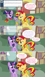 Size: 1280x2168 | Tagged: safe, artist:hakunohamikage, sunset shimmer, twilight sparkle, twilight sparkle (alicorn), alicorn, pony, unicorn, armor, ask, ask-princesssparkle, eyes closed, female, magic, mare, teleportation, tumblr