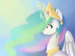 Size: 1024x768 | Tagged: safe, artist:iponylover, princess celestia, alicorn, pony, female, horn, magic, mare, multicolored mane, solo, white coat