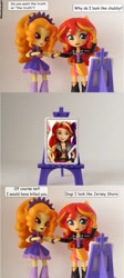 Size: 780x1748 | Tagged: safe, artist:whatthehell!?, edit, adagio dazzle, sunset shimmer, equestria girls, boots, bracelet, clothes, doll, dress, easel, equestria girls minis, eqventures of the minis, irl, jacket, jewelry, merchandise, paint, photo, shoes, skirt, toy