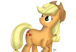 Size: 1500x1023 | Tagged: safe, artist:spring breeze, applejack, earth pony, pony, looking back, simple background, solo