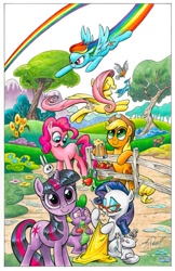 Size: 559x864 | Tagged: safe, artist:andypriceart, derpibooru import, idw, angel bunny, applejack, fluttershy, gummy, opalescence, pinkie pie, rainbow dash, rarity, spike, twilight sparkle, bird, dragon, earth pony, pegasus, pony, unicorn, apple, cider, fence, flower, food, heart eyes, mane seven, mane six, mug, needle, pincushion, rainbow trail, tankard, tree, wingding eyes