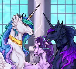 Size: 1000x901 | Tagged: safe, artist:deyanel-art, princess celestia, princess luna, starlight glimmer, alicorn, pony, unicorn, a royal problem, angry, concerned, hoers, looking at each other, scene interpretation