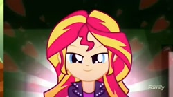 Size: 1366x768 | Tagged: safe, sunset shimmer, eqg summertime shorts, equestria girls, pet project, heart, lidded eyes, smiling, solo