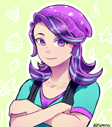 Size: 800x900 | Tagged: safe, artist:zoruanna, starlight glimmer, human, abstract background, beanie, bust, clothes, crossed arms, equestria girls outfit, female, hat, humanized, portrait, shirt, smiling, solo, vest