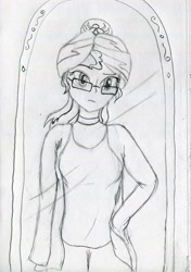 Size: 1887x2678 | Tagged: safe, artist:applety, sunset shimmer, fanfic:shadows cast over the sunset, equestria girls, adorkable, alternate universe, cute, dork, glasses, human sunset, nerd