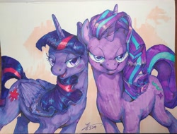 Size: 4099x3120 | Tagged: safe, artist:angusdra, starlight glimmer, twilight sparkle, twilight sparkle (alicorn), alicorn, pony, unicorn, abstract background, bedroom eyes, blushing, cutie mark, duo, female, looking at you, mare, smiling, traditional art