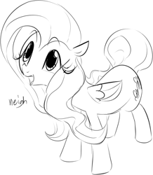Size: 619x710 | Tagged: safe, artist:dotkwa, fluttershy, pegasus, pony, cute, grayscale, horse noises, horses doing horse things, looking up, monochrome, neigh, open mouth, shyabetes, smiling, solo