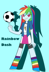 Size: 1500x2200 | Tagged: artist needed, source needed, safe, derpibooru import, rainbow dash, equestria girls, belly button, clothes, football, midriff, panty and stocking with garterbelt, parody, rainbow socks, socks, solo, sports, striped socks, style emulation