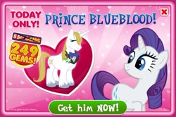 Size: 838x556 | Tagged: safe, screencap, prince blueblood, rarity, pony, unicorn, anti-rariblood in the comments, female, gameloft, male, rariblood, shipping, straight