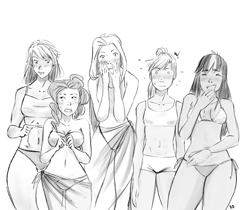 Size: 1240x1044 | Tagged: safe, artist:demdoodles, derpibooru import, applejack, fluttershy, rainbow dash, rarity, twilight sparkle, human, belly button, bikini, blushing, breasts, clothes, delicious flat chest, embarrassed, grayscale, humanized, laughing, monochrome, rainbow flat, reaction, shocked, swimsuit