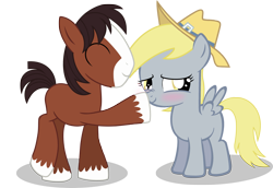 Size: 2603x1791 | Tagged: safe, artist:shutterflyeqd, derpy hooves, trouble shoes, earth pony, pegasus, pony, accessory swap, blushing, boop, colt, cute, derpabetes, derpyshoes, female, filly, male, shipping, simple background, straight, transparent background, trouble hooves, vector