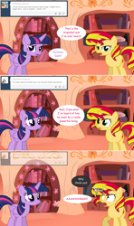 Size: 1280x2168 | Tagged: safe, artist:hakunohamikage, discord, sunset shimmer, twilight sparkle, twilight sparkle (alicorn), alicorn, draconequus, pony, unicorn, ask, ask-princesssparkle, female, golden oaks library, male, mare, tumblr