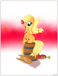 Size: 1381x1800 | Tagged: safe, artist:stec-corduroyroad, applejack, earth pony, pony, apple, balancing, barrel, plot, ponies balancing stuff on their nose, sitting, solo