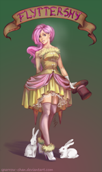 Size: 535x900 | Tagged: safe, artist:sparrow-chan, fluttershy, human, rabbit, animal, clothes, dress, hat, humanized, light skin, old banner, solo, top hat