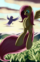 Size: 1100x1700 | Tagged: safe, artist:grennadder, fluttershy, bird, pegasus, pony, flying, solo