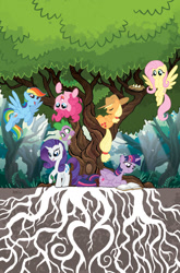 Size: 755x1147 | Tagged: safe, artist:tonyfleecs, derpibooru import, idw, applejack, fluttershy, pinkie pie, rainbow dash, rarity, spike, twilight sparkle, twilight sparkle (alicorn), alicorn, dragon, earth pony, pegasus, pony, unicorn, book, cover, female, idw advertisement, mane seven, mane six, mare, nest, reading, tree