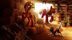 Size: 1920x1080 | Tagged: safe, artist:harwick, applejack, big macintosh, winona, earth pony, pony, apple, apple cart, backlighting, barn, barrel, cart, cute, dark, detailed, harness, hat, hay, hay bale, horseshoes, male, pet, rope, stallion, wagon, wallpaper