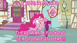 Size: 640x360 | Tagged: safe, edit, edited screencap, screencap, pinkie pie, earth pony, pony, caption, chocolate with nuts, hi mailman, insanity, mailbox, pink text, solo, spongebob squarepants, text edit, vulgar