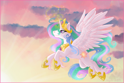 Size: 1150x766 | Tagged: safe, artist:nighttwilightwolf, princess celestia, alicorn, pony, flying, magic, solo