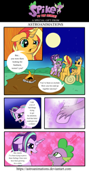 Size: 1600x3043 | Tagged: safe, artist:astroanimations, flash sentry, spike, starlight glimmer, sunset shimmer, dragon, pegasus, pony, unicorn, comic:spike to the rescue, campfire, comic, dialogue, holding hands, hundreds of users filter this tag, log, male, moon, shipping, sparlight, speech bubble, straight, winged spike