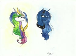 Size: 2293x1674 | Tagged: safe, artist:careness, princess celestia, princess luna, alicorn, pony, bust, traditional art