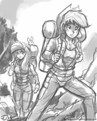 Size: 680x850 | Tagged: safe, artist:johnjoseco, angel bunny, applejack, fluttershy, human, grayscale, hiking, humanized, monochrome