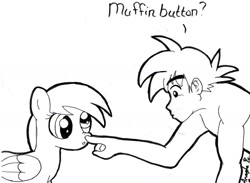 Size: 1602x1170 | Tagged: safe, artist:anagha777, derpy hooves, pegasus, pony, boop, crossover, cute, derp, dragon ball z, dragonball z abridged, female, mare, monochrome, muffin, muffin button, son goku, team four star