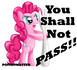 Size: 990x900 | Tagged: safe, artist:poisonicpen, pinkie pie, pony, angry, bipedal, chowder, crossover, fork, gandalf the grey, lord of the rings, parody, solo, yelling, you shall not pass