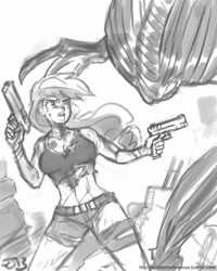 Size: 680x850 | Tagged: safe, artist:johnjoseco, applejack, human, dual wield, grayscale, gun, humanized, monochrome, pistol, weapon