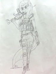 Size: 2448x3264 | Tagged: safe, artist:orang111, pinkie pie, anthro, armpad computer, assault rifle, belly button, bushmaster acr, gun, hmd, lbt 6094, military, monochrome, p226, pinkamena diane pie, pistol, traditional art, weapon