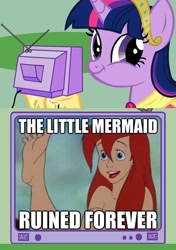 Size: 564x800 | Tagged: safe, derpibooru import, twilight sparkle, twilight sparkle (alicorn), alicorn, pony, ariel, disney princess, equestria girls drama, exploitable meme, female, image macro, mare, meme, ruined forever, the little mermaid, tv meme