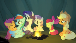 Size: 1920x1080 | Tagged: safe, derpibooru import, screencap, apple bloom, applejack, rainbow dash, rarity, scootaloo, sweetie belle, earth pony, pegasus, pony, unicorn, campfire tales, best pony, campfire, carrying, cuddling, cute, cutie mark crusaders, female, filly, happy, heartwarming, hug, mare, scootalove, sisters, smiling