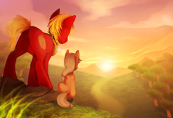 Size: 1600x1093 | Tagged: safe, artist:imalou, applejack, big macintosh, earth pony, pony, back, filly, male, orchard, scenery, stallion, sunset, younger