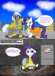 Size: 1918x2637 | Tagged: safe, artist:spellboundcanvas, derpy hooves, rarity, pegasus, pony, unicorn, ball and chain, clothes, female, flirting, horn cap, magic suppression, mare, prison, prison outfit, punishment, royal guard, shackles