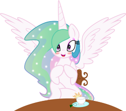 Size: 8524x7500 | Tagged: safe, artist:verard87, artist:zev, princess celestia, alicorn, pony, :d, absurd resolution, blushing, cute, cutelestia, female, looking at you, mare, missing accessory, open mouth, simple background, sitting, smiling, solo, spread wings, tea, transparent background