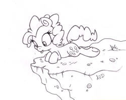 Size: 1886x1500 | Tagged: safe, artist:dfectivedvice, pinkie pie, earth pony, pony, cliff, grayscale, lineart, monochrome, prone, solo, tongue out, traditional art, underhoof