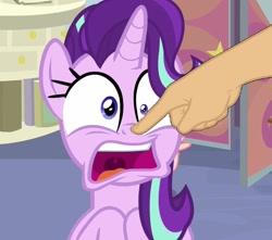 Size: 1215x1075 | Tagged: safe, edit, edited screencap, screencap, starlight glimmer, pony, unicorn, marks for effort, boop, boop edit, cropped, finger, frown, hand, mismatched eyes, non-consensual booping, open mouth, screaming, solo focus, uvula, wide eyes