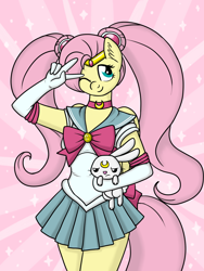 Size: 900x1200 | Tagged: safe, artist:marindashy, angel bunny, fluttershy, anthro, anime, clothes, cosplay, costume, crossover, duo, female, one eye closed, peace sign, sailor moon, wink