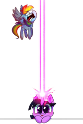 Size: 800x1200 | Tagged: safe, artist:vdru7, derpibooru import, edit, rainbow dash, twilight sparkle, pegasus, pony, duo, female, magic, magic blast, mare, simple background, tongue out, white background